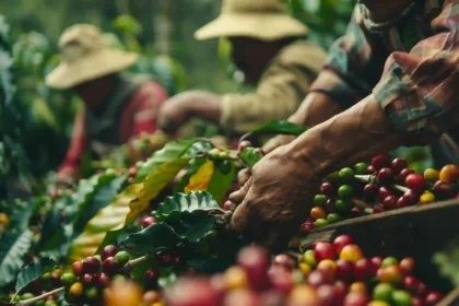 Agricultores familiares colhendo café maduro, representando os trabalhadores que podem se beneficiar com o cadastro no CAF