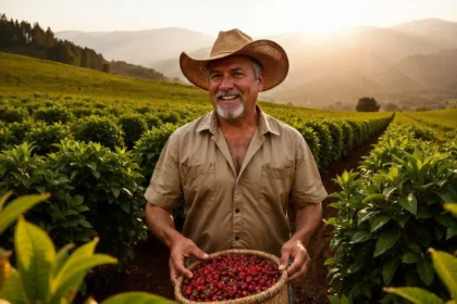 Agricultor sorridente segurando cesto de frutas vermelhas em plantação, representando beneficiário do financiamento Pronaf.