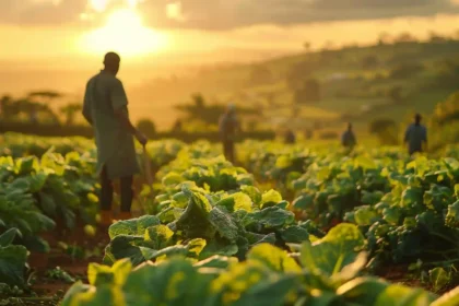 Agricultores trabalhando na lavoura ao entardecer, simbolizando melhorias obtidas com financiamento do Pronaf Investimento.