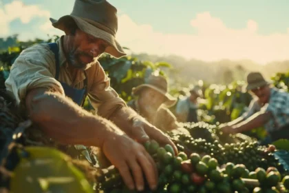 Agricultor colhendo frutas no campo ao entardecer, representando trabalhadores que podem solicitar o financiamento do Pronaf